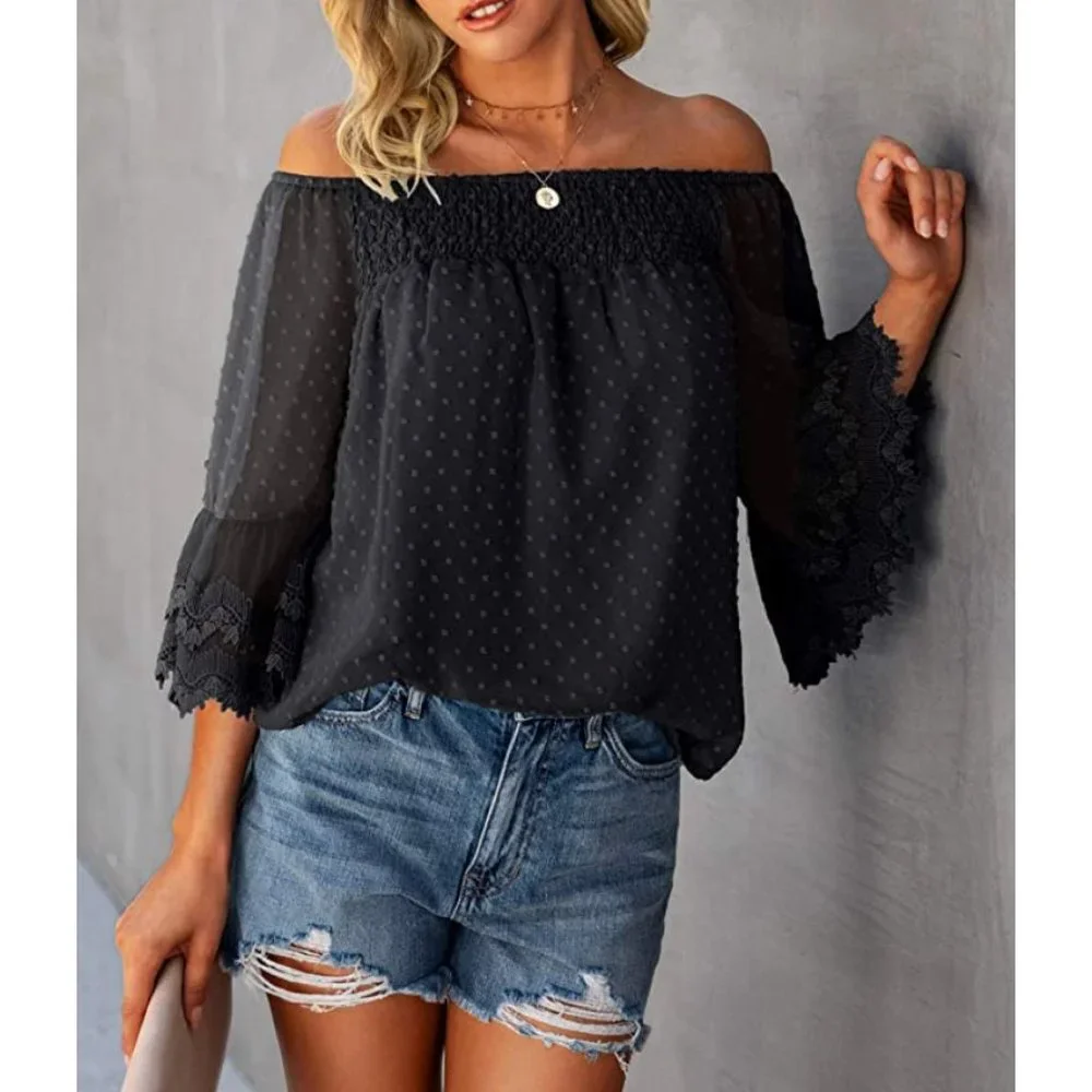 Black Off Shoulder 3/4 Bell Sleeve Ruffle Polka Dot Blouse Top - Picture 2 of 5